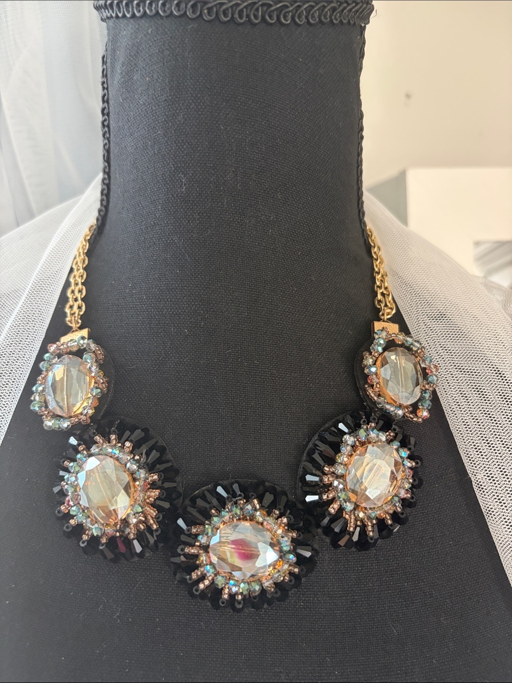 Crystal Bib Necklace - Black and Iridescent soft leather backing